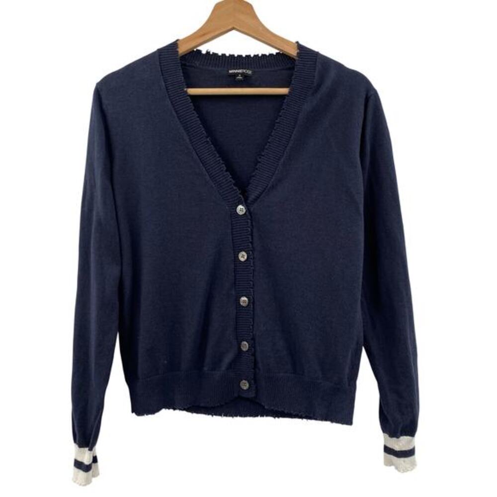 Minnie Rose navy stripe cuff distressed hem‎ button sweater
